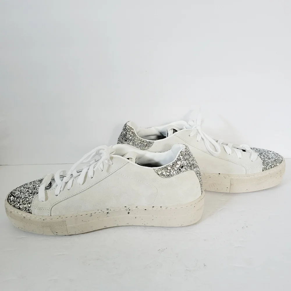 New P448 Thea White Silver Suede Sneakers ,Size 9,5-10 US